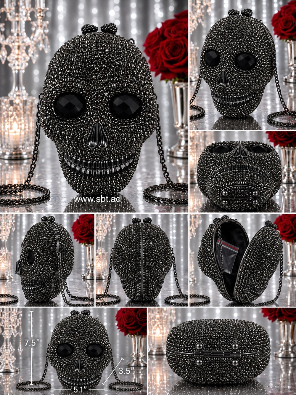 NWT Skull Clutch Purse Sparkling Bling Swarovski Crystal Rhinestone Black +Gift - Picture 3 of 15